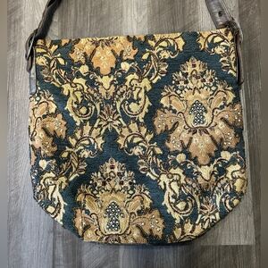 Christiana Vintage Elegant Tapestry Bag - Brown and Blue Medium Sized